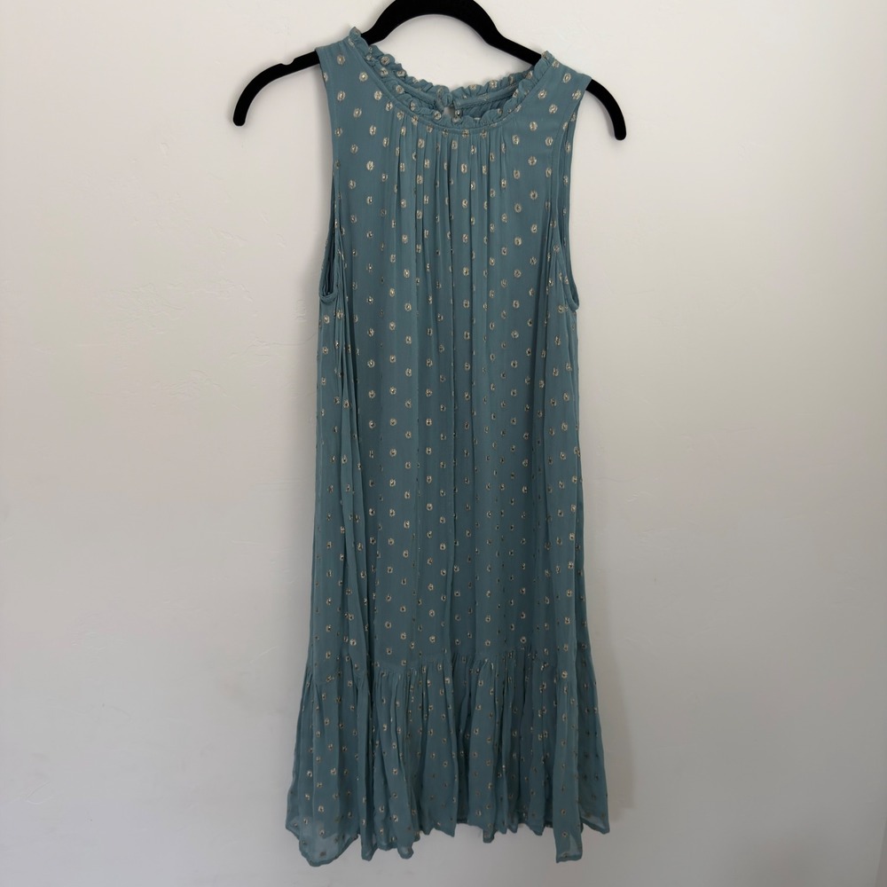 Anthropologie Teal Blue Metallic Foil Dot Ruffle Neck Tiered Shift Dress XS